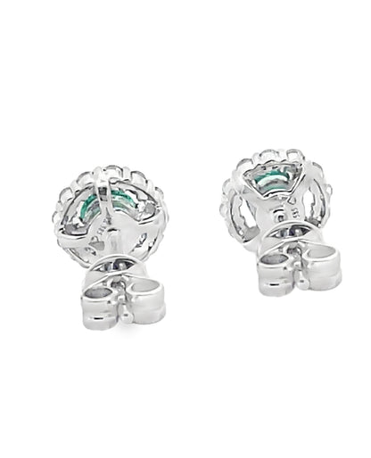 Round Emerald Stud Earrings with Halo Diamonds and Pushbacks