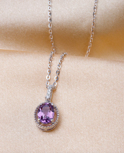 14K White Gold 0.80 Carat Oval Amethyst & Diamond Pendant Necklace