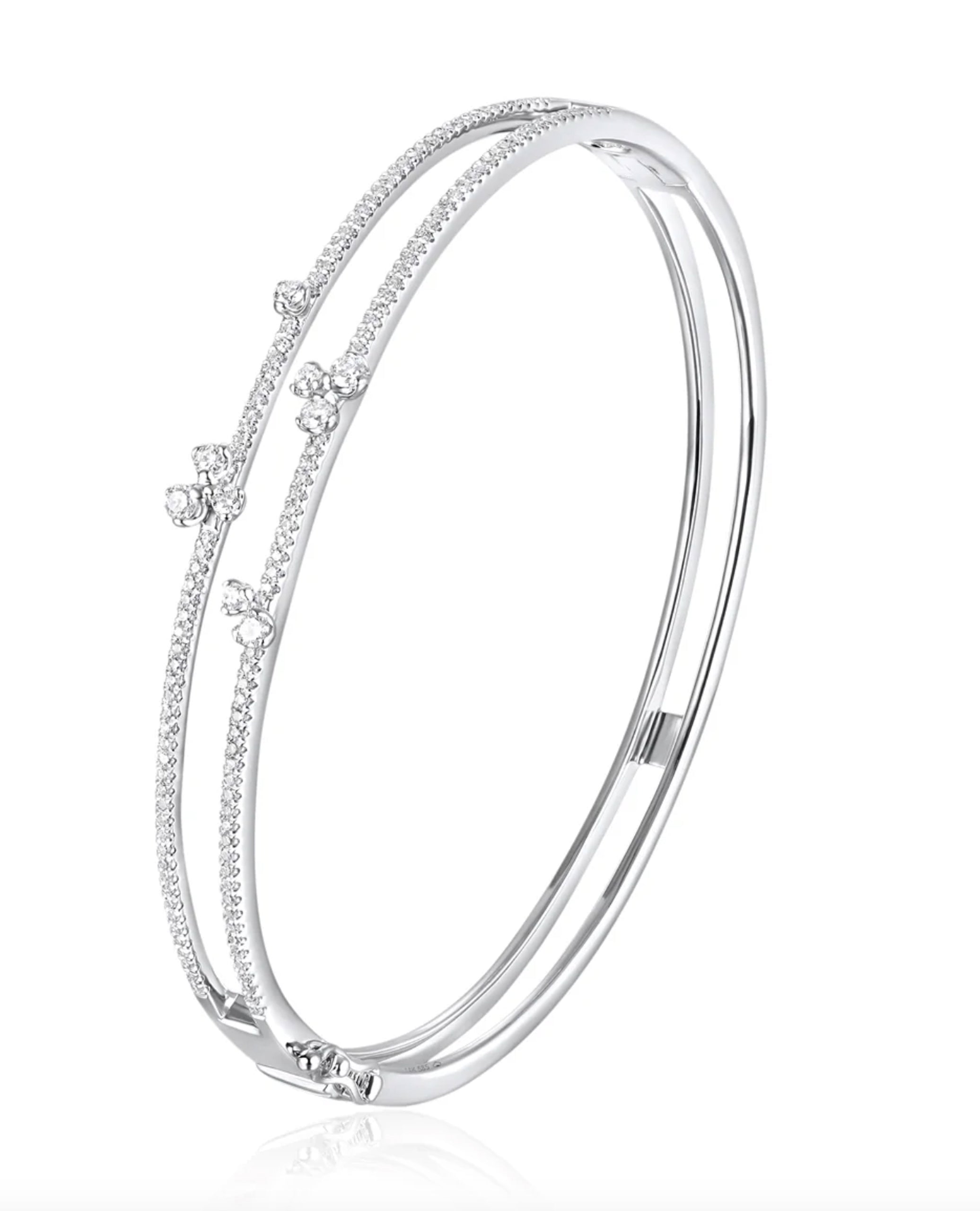 Double Row Open Bangle Bracelet in 14K White Gold with Cascading Diamonds