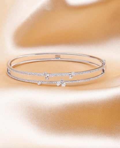 Double Row Open Bangle Bracelet in 14K White Gold with Cascading Diamonds