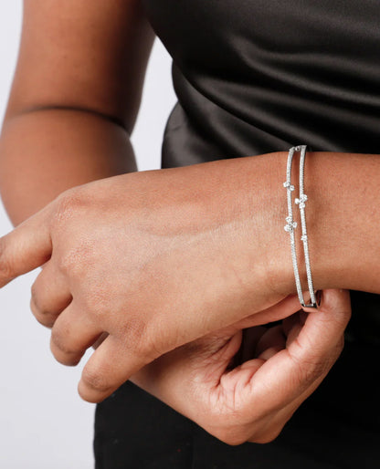 Double Row Open Bangle Bracelet in 14K White Gold with Cascading Diamonds