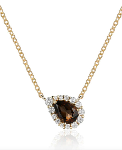 14K Yellow Gold Smokey Topaz Teardrop Necklace with Diamonds