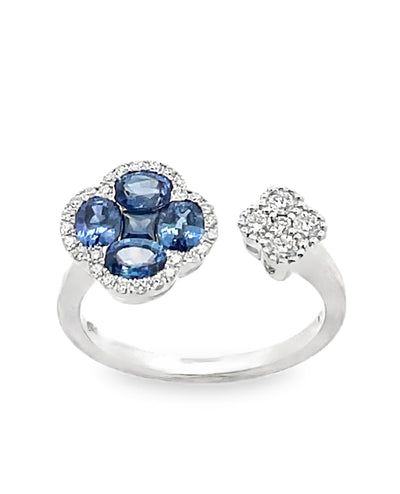Sapphire Quatrefoil Bypass Ring in 18K White Gold with Diamonds