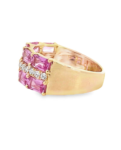 Three Row Emerald Cut Pink Sapphire and Diamond Ring in 14K Yellow Gold Sapphire Ring