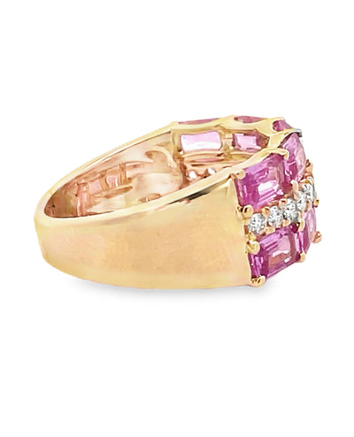 Three Row Emerald Cut Pink Sapphire and Diamond Ring in 14K Yellow Gold Sapphire Ring
