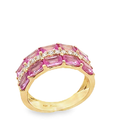 Three Row Emerald Cut Pink Sapphire and Diamond Ring in 14K Yellow Gold Sapphire Ring