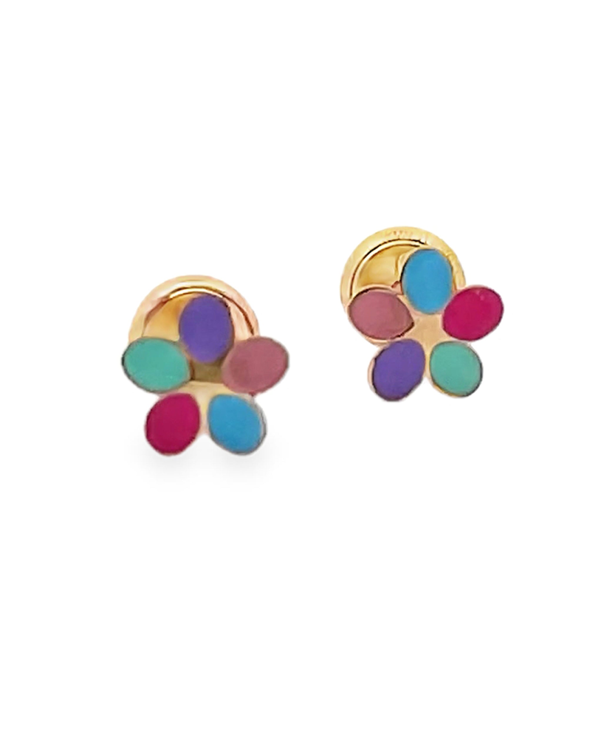 14K Yellow Gold Colorful Flower Earrings with Screwbacks