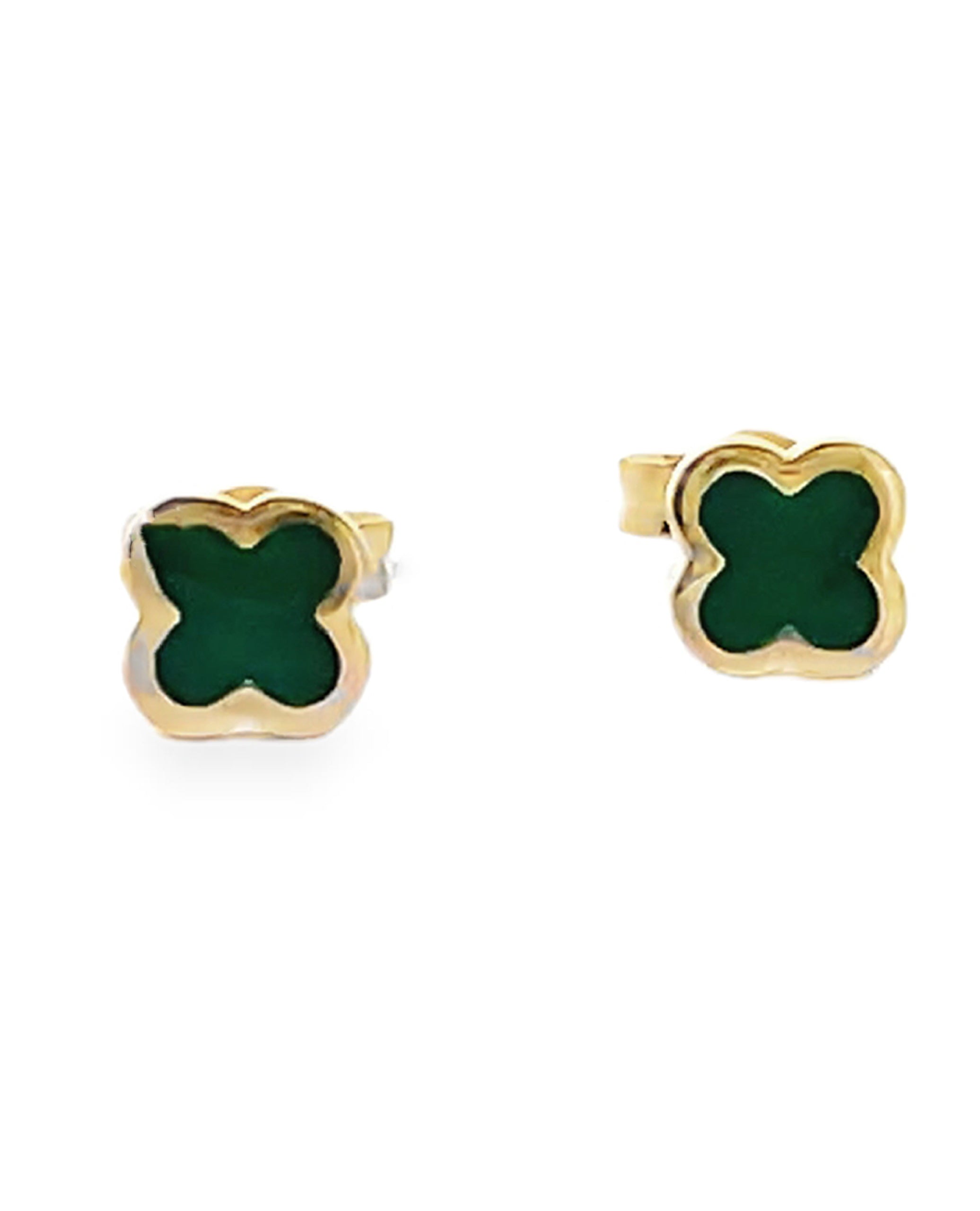 14K Yellow Gold Quatrefoil Malachite Clover Stud Earrings with Pushbacks