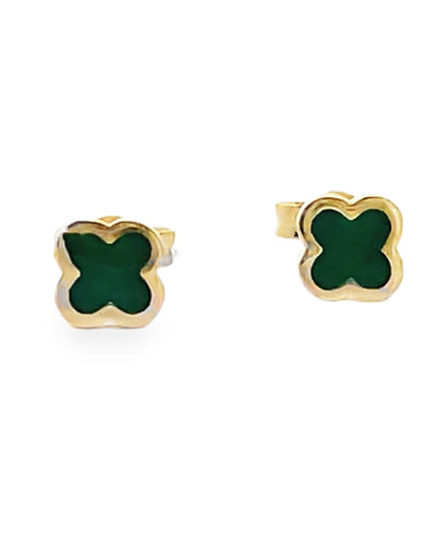 14K Yellow Gold Quatrefoil Green Enamel Clover Stud Earrings with Pushbacks