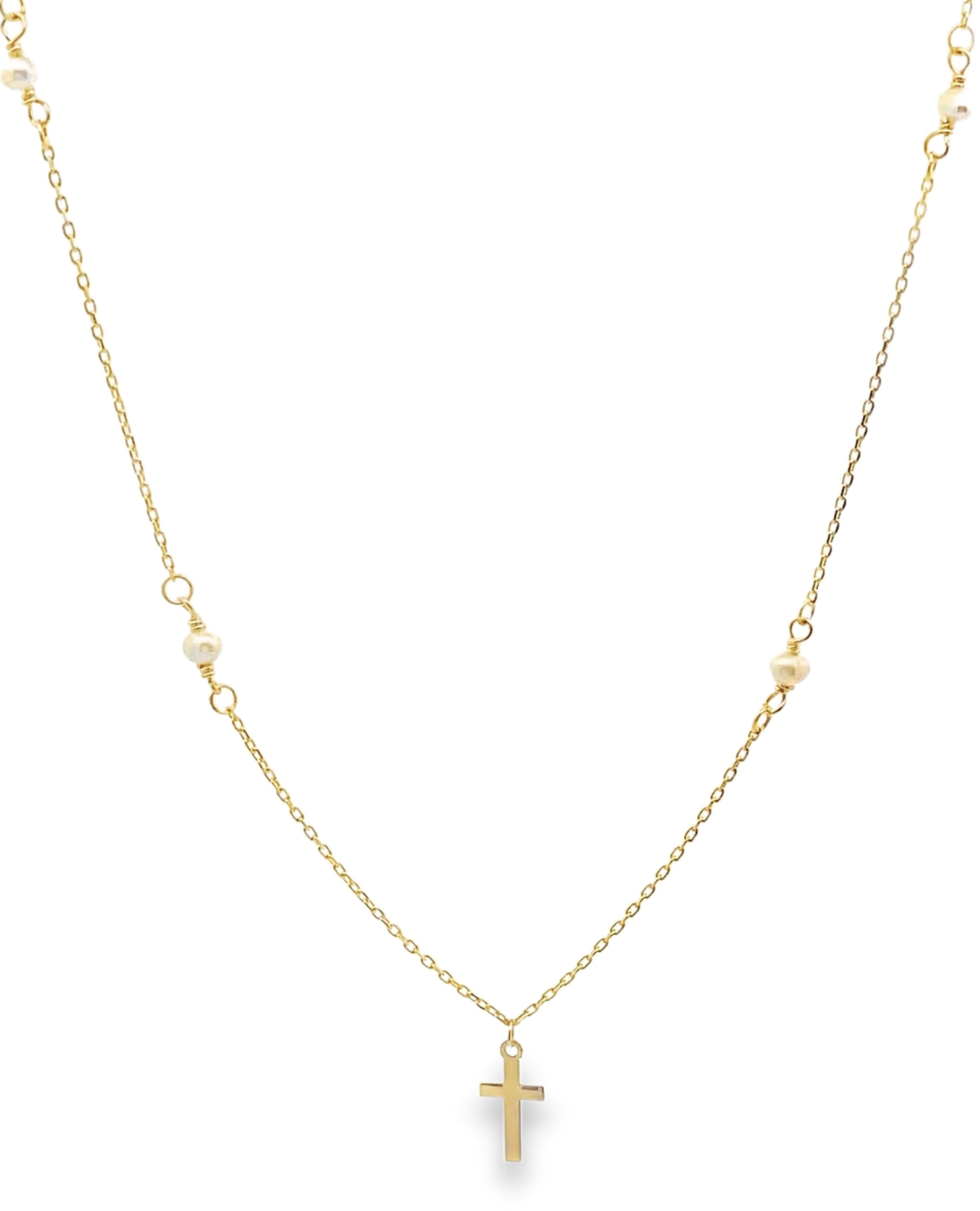 14K Yellow Gold Cross Necklace with Pearls