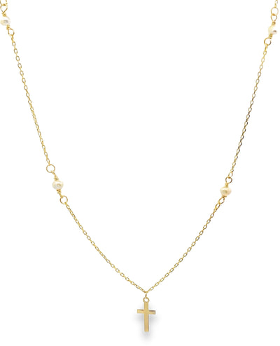 14K Yellow Gold Cross Necklace with Pearls