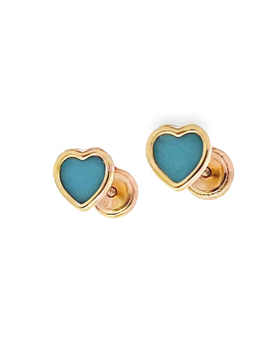 14K Yellow Gold Turquoise Heart Earrings with Screwbacks