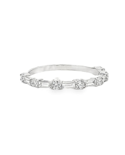 14K White Gold Emerald & Round Diamond Eternity Band