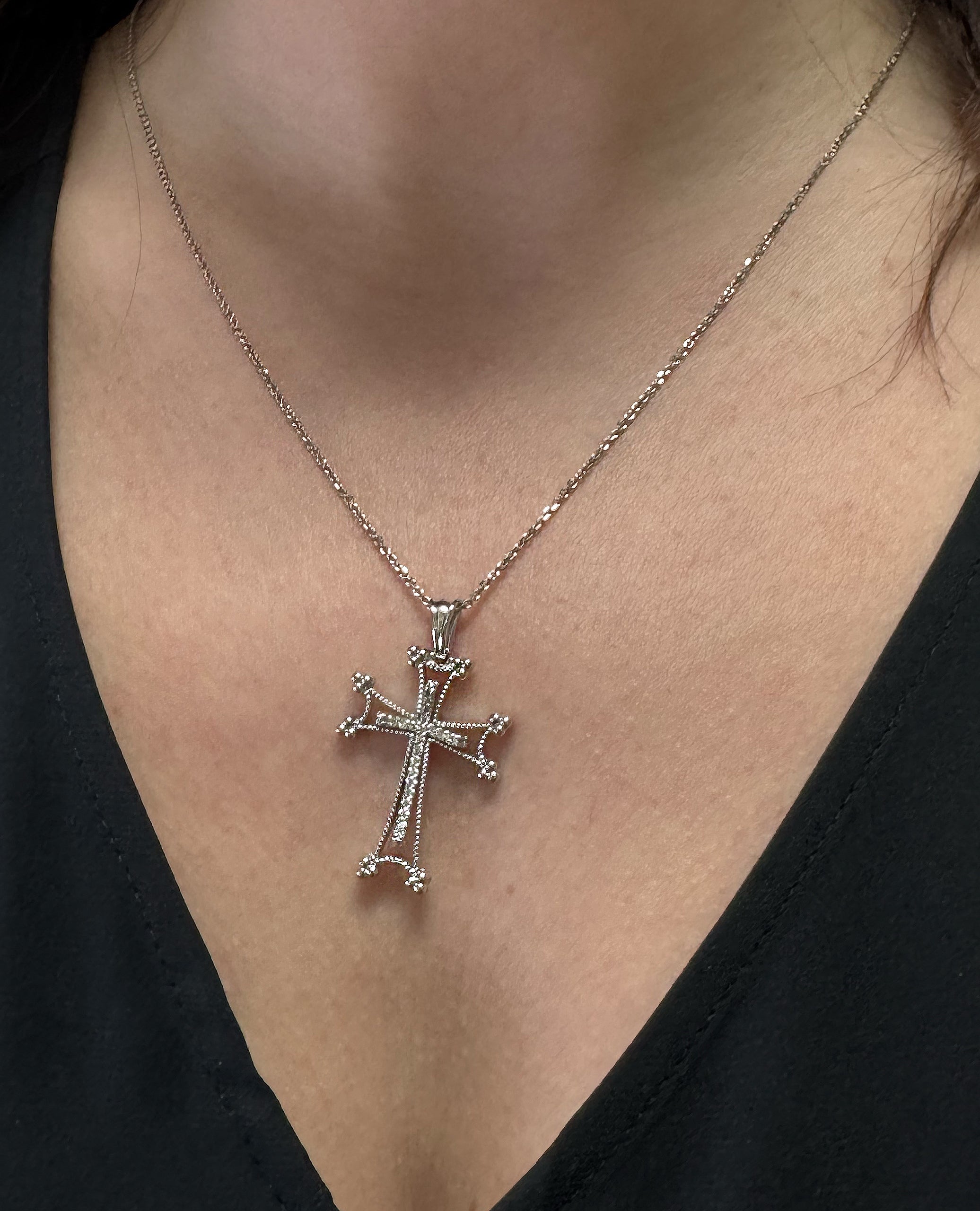 14K White Gold Diamond Cross Necklace