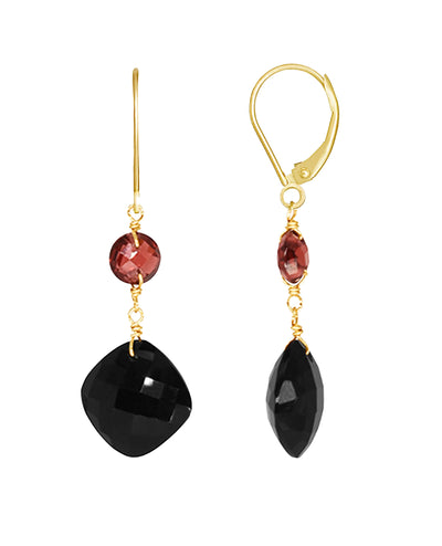 14K Yellow Gold Garnet Black Onyx Leverback Earrings