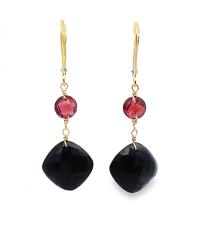 14K Yellow Gold Garnet Black Onyx Leverback Earrings