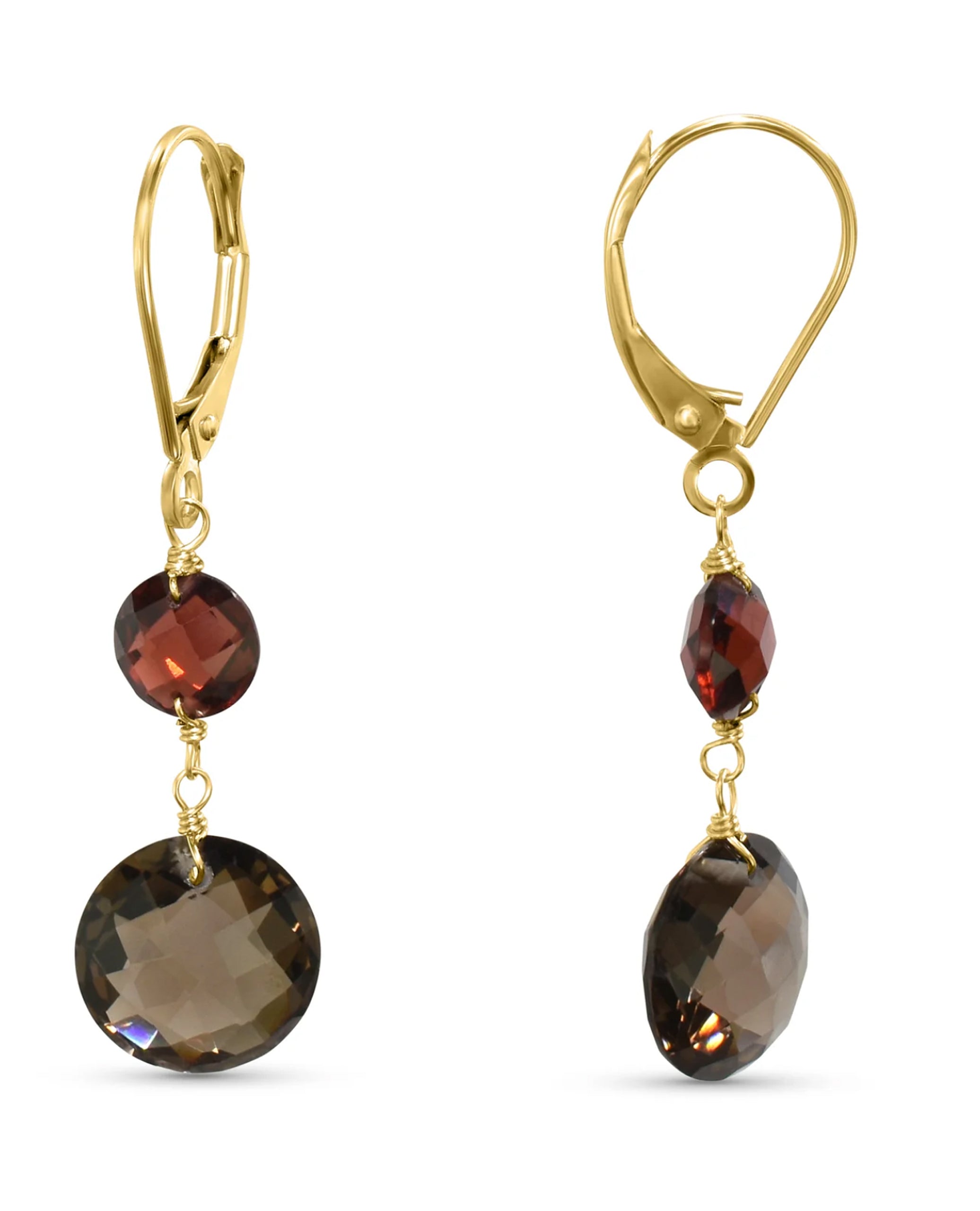 14K Yellow Gold Garnet Smoky Quartz Coin Leverback Earrings