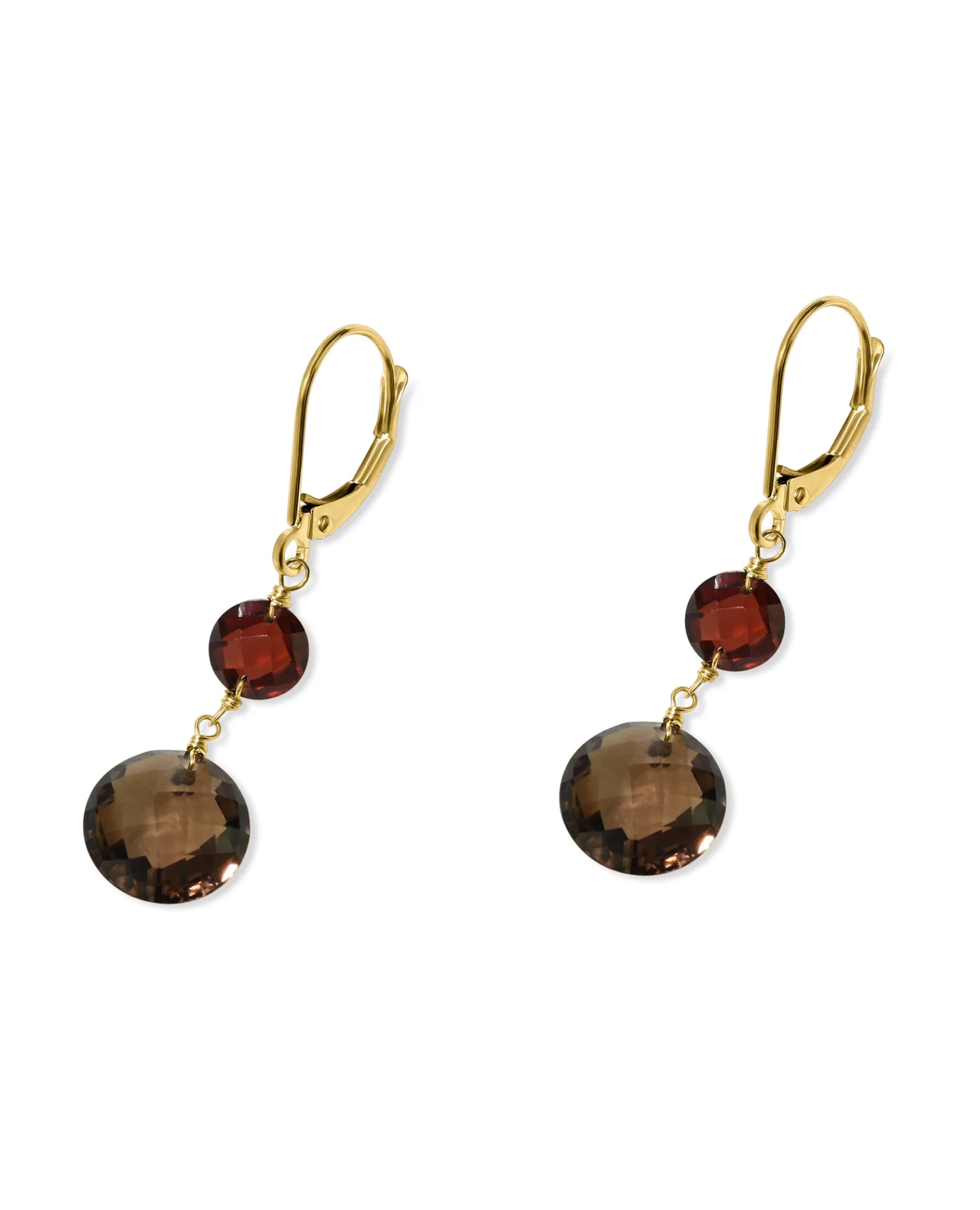 14K Yellow Gold Garnet Smoky Quartz Coin Leverback Earrings