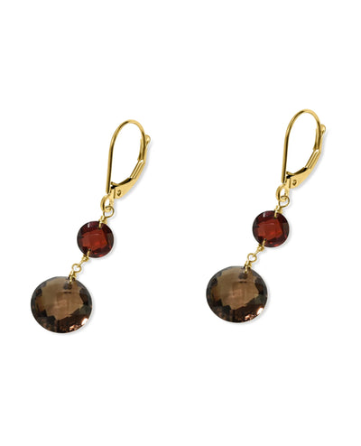 14K Yellow Gold Garnet Smoky Quartz Coin Leverback Earrings