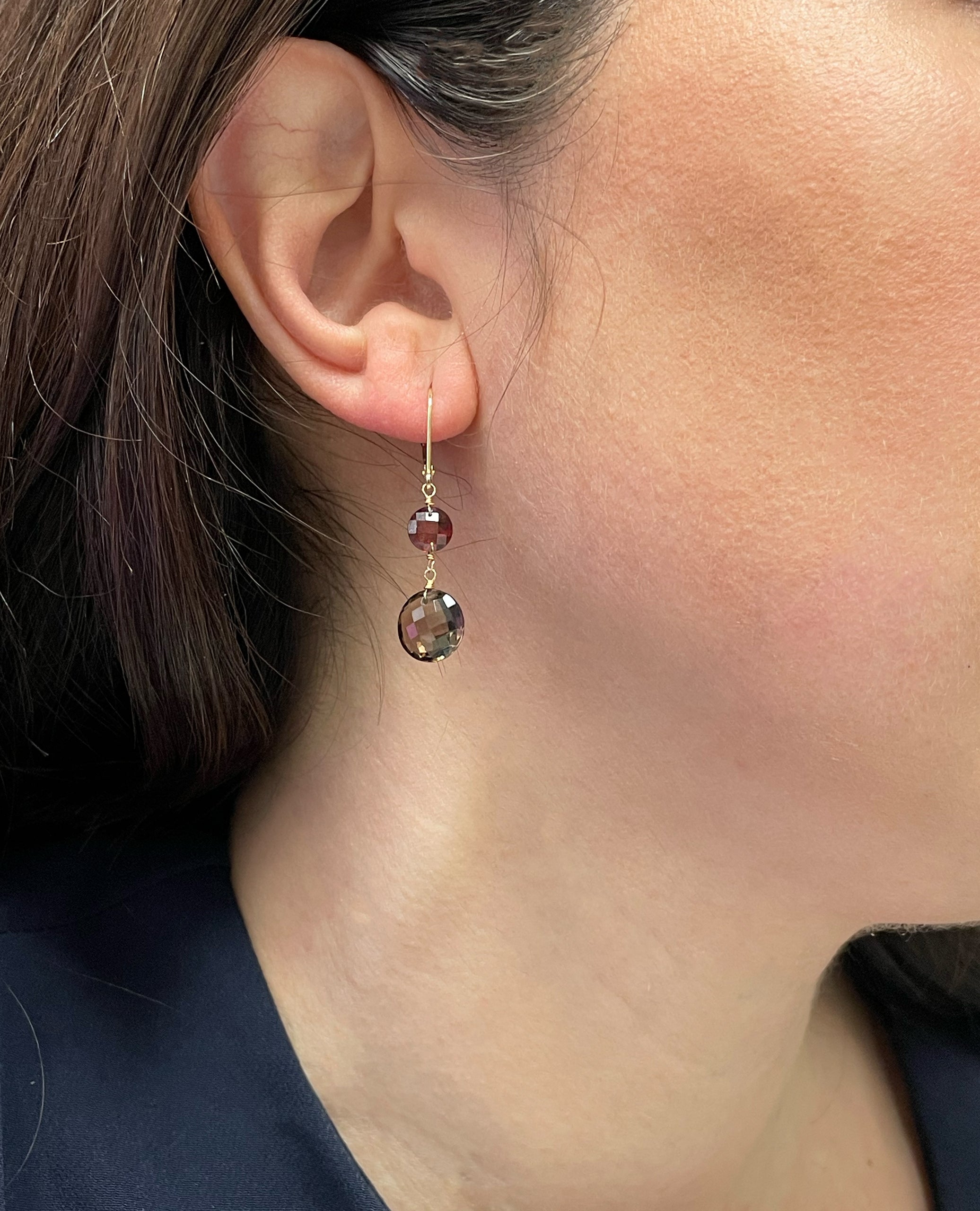 14K Yellow Gold Garnet Smoky Quartz Coin Leverback Earrings