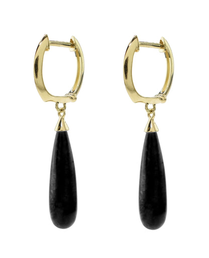 14K Yellow Gold Black Onyx Tear Drop Huggie Hinged Hoop Earring