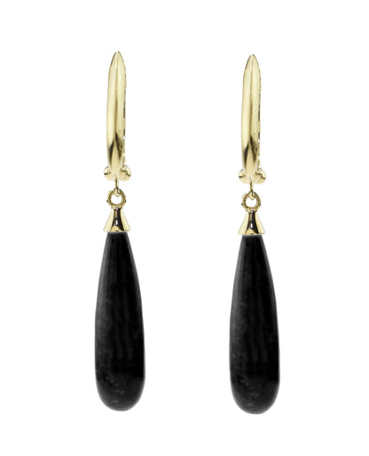 14K Yellow Gold Black Onyx Tear Drop Huggie Hinged Hoop Earring