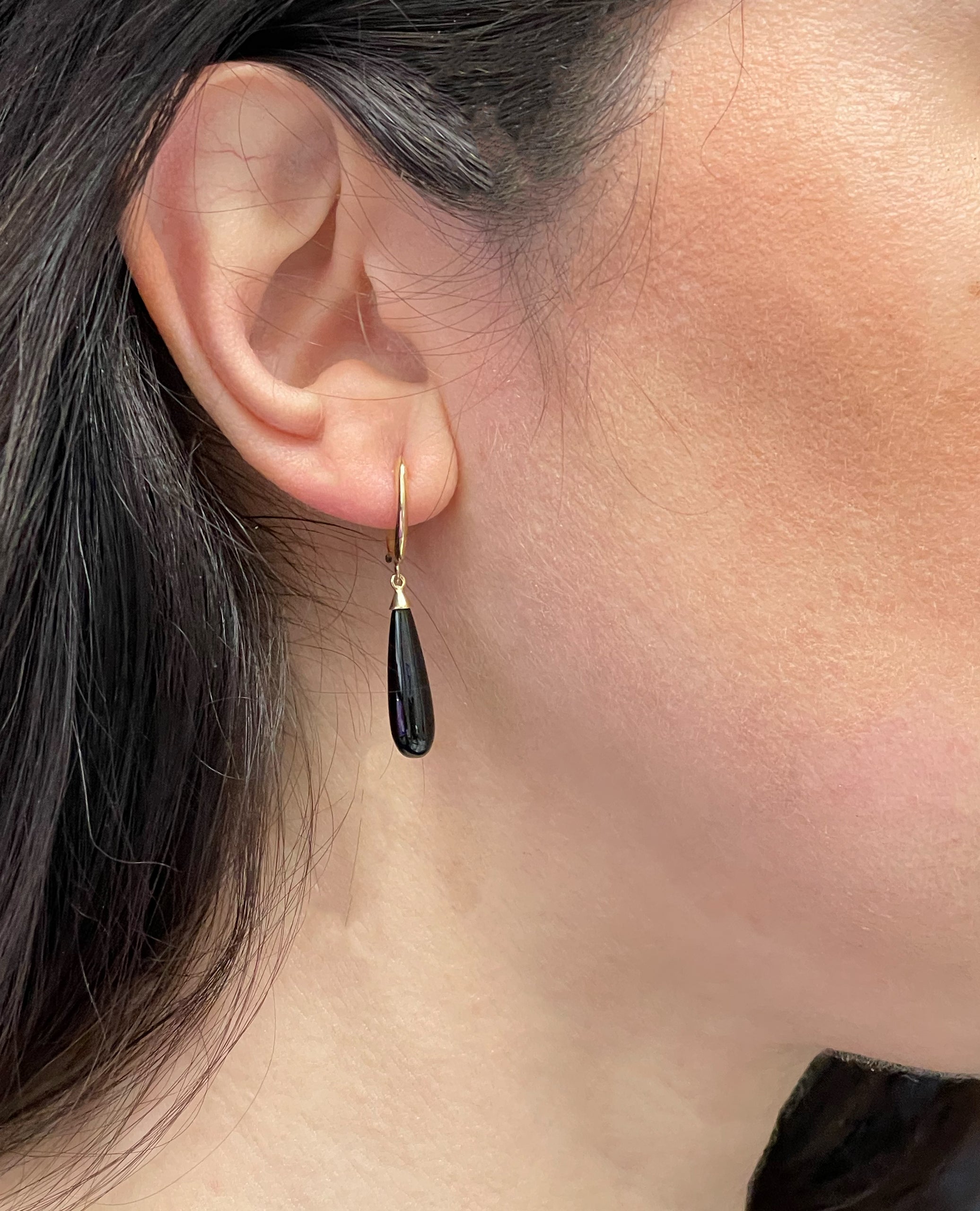14K Yellow Gold Black Onyx Tear Drop Huggie Hinged Hoop Earring