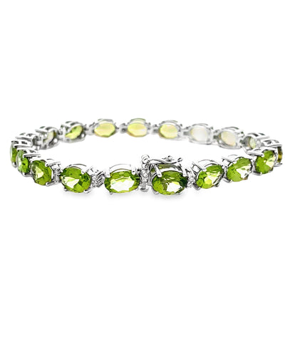 14K White Gold Oval Peridot & Diamond Tennis Bracelet