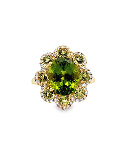 Oval Peridot Flower Ring in 14K Yellow Gold with Diamonds