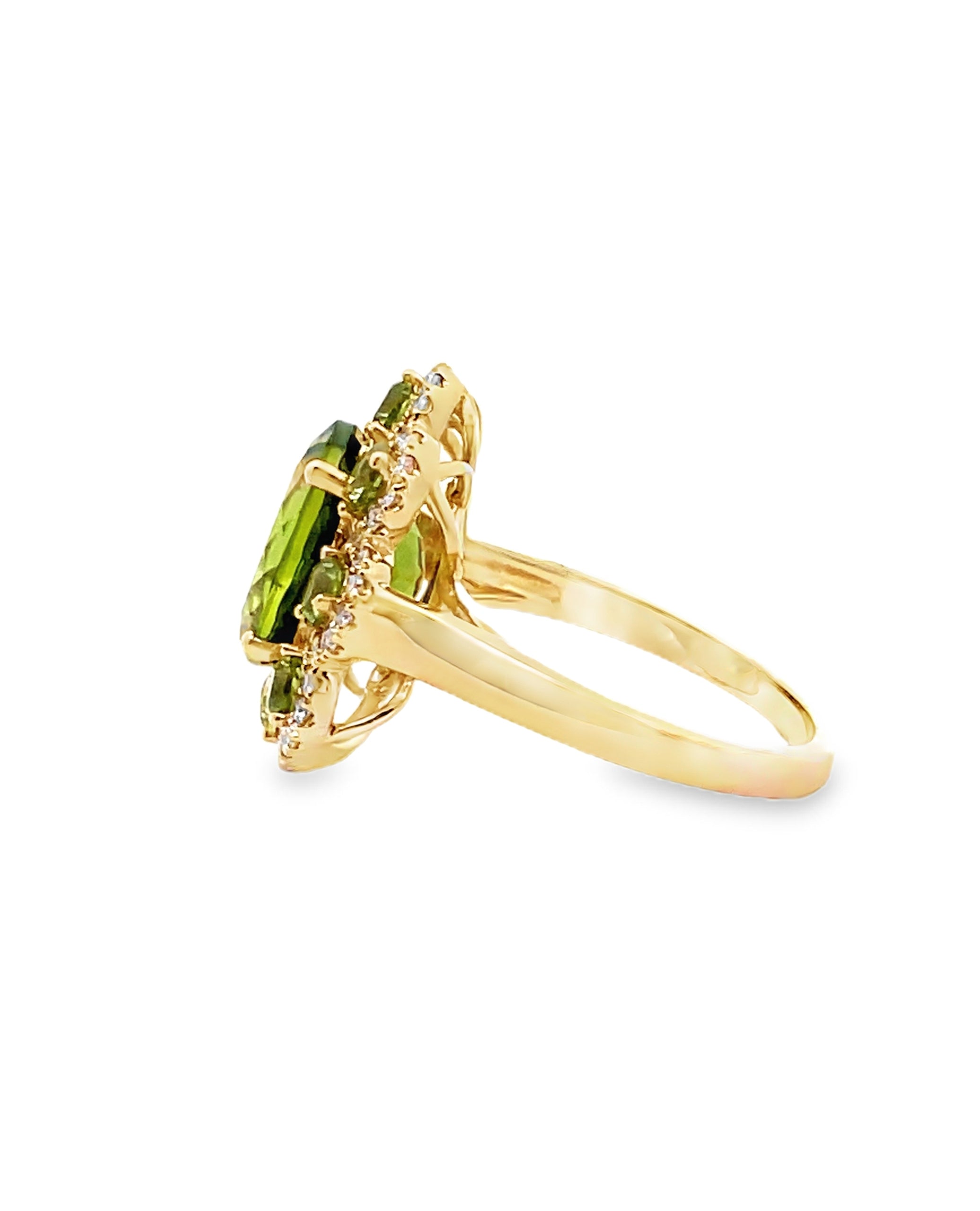 Oval Peridot Flower Ring in 14K Yellow Gold with Diamonds