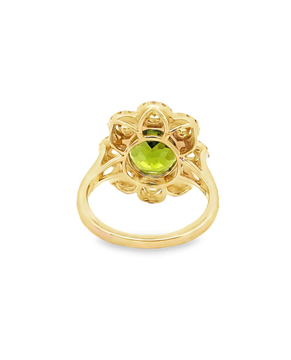 Oval Peridot Flower Ring in 14K Yellow Gold with Diamonds