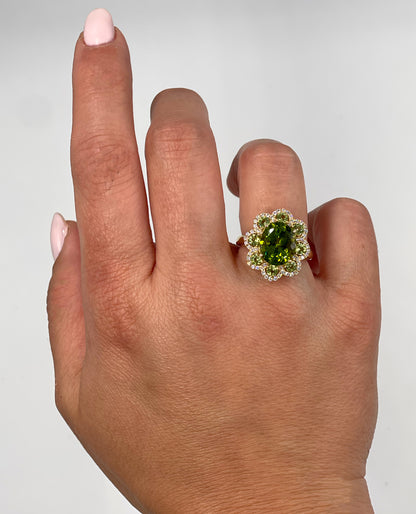 Oval Peridot Flower Ring in 14K Yellow Gold with Diamonds