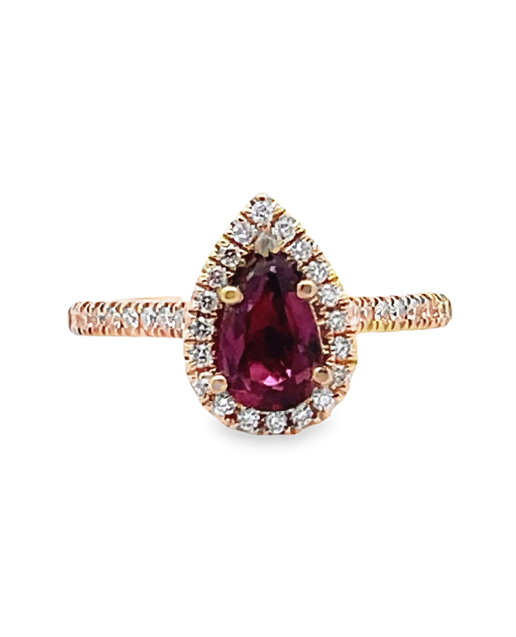 Pear Shaped Ruby Ring with Halo Diamonds Set in 14K Yellow Gold