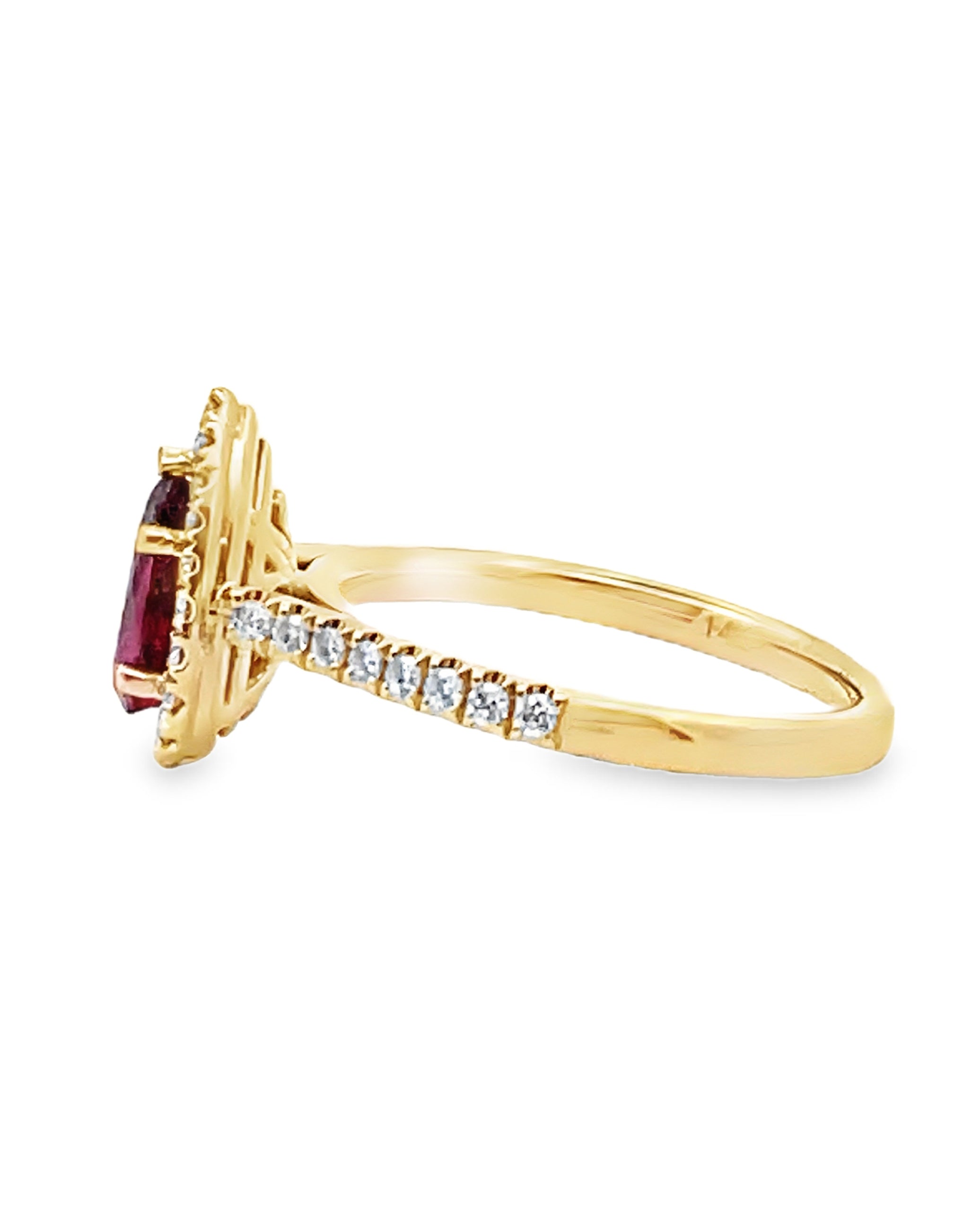 Pear Shaped Ruby Ring with Halo Diamonds Set in 14K Yellow Gold