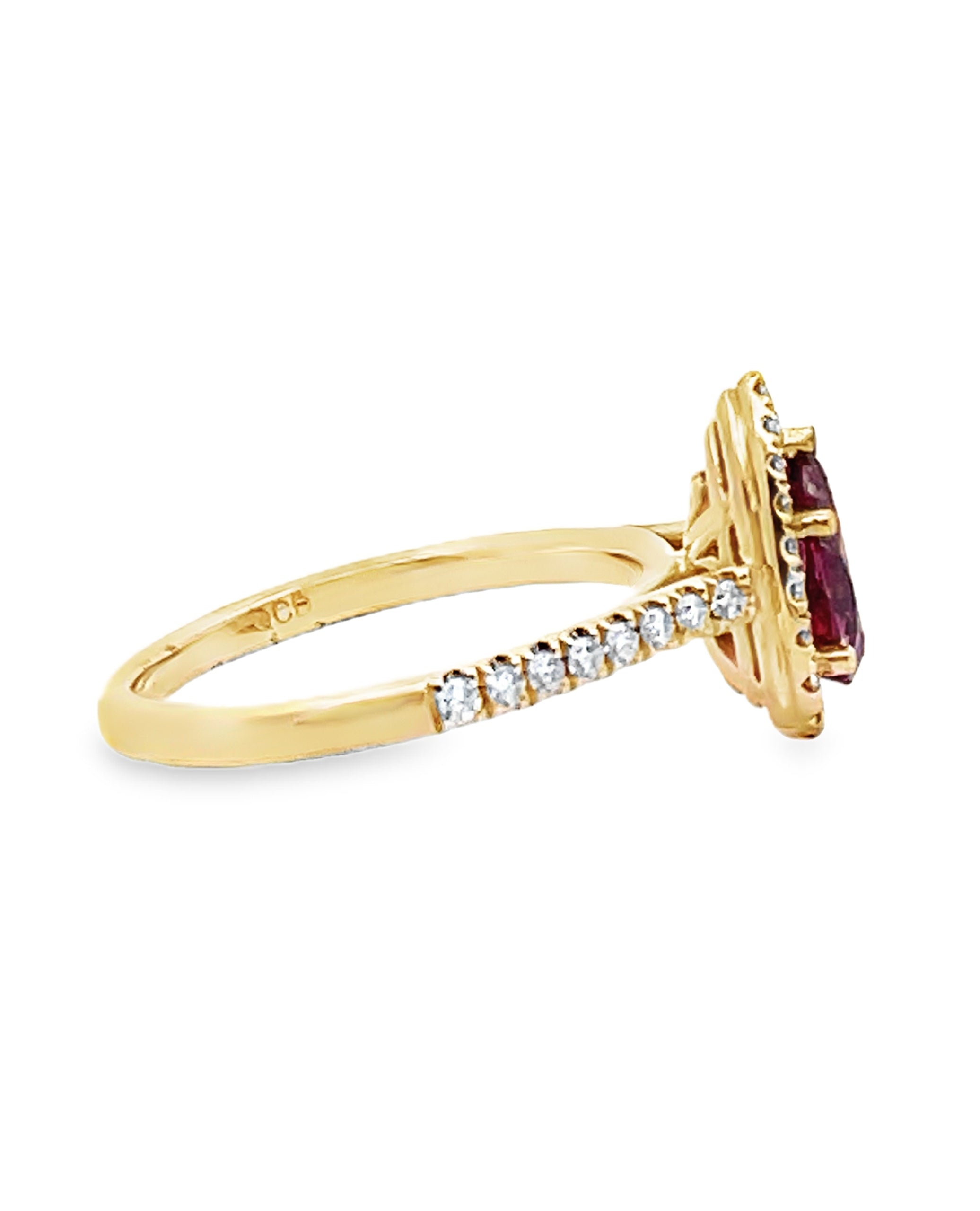 Pear Shaped Ruby Ring with Halo Diamonds Set in 14K Yellow Gold