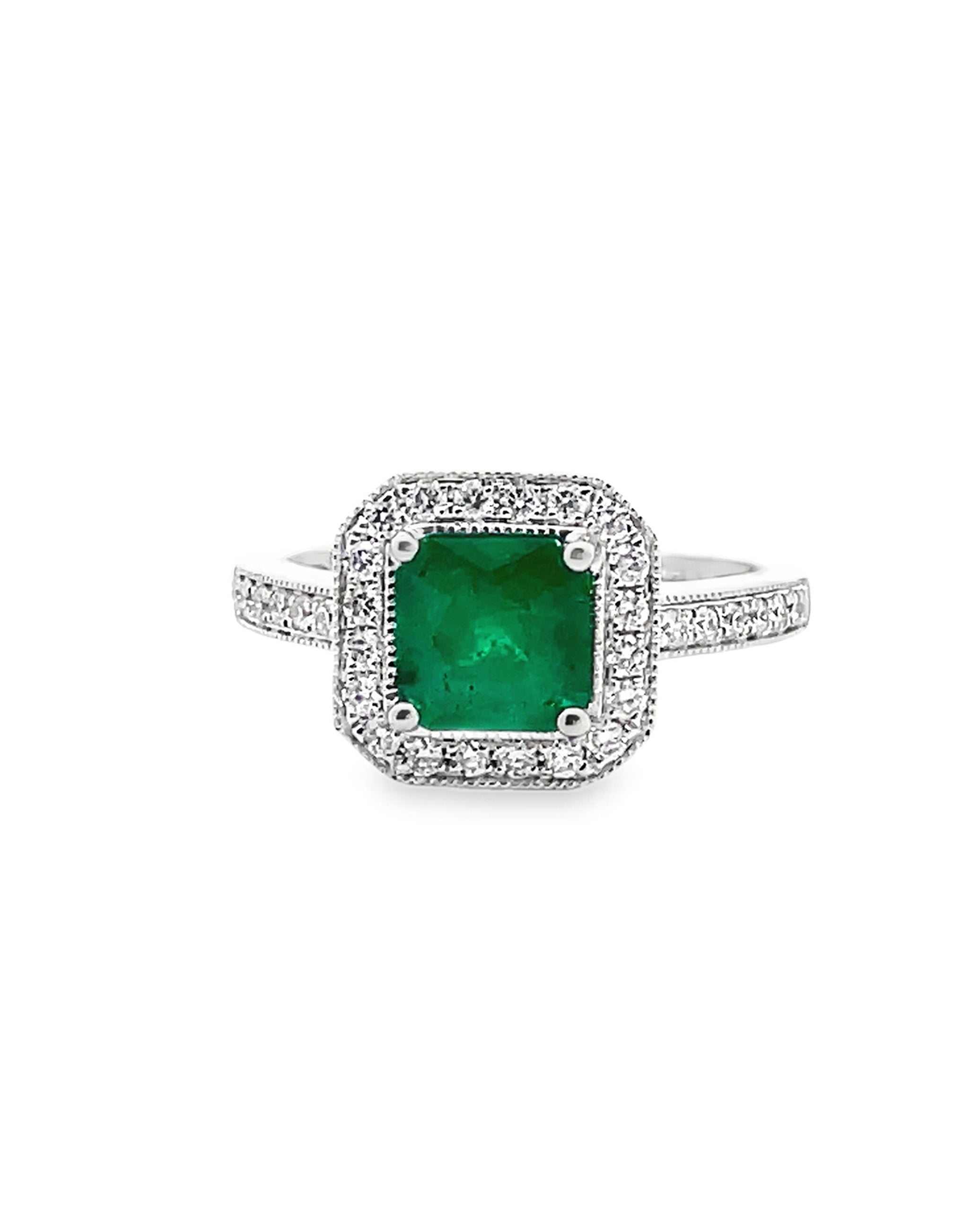 14K White Gold Emerald & Diamond Ring