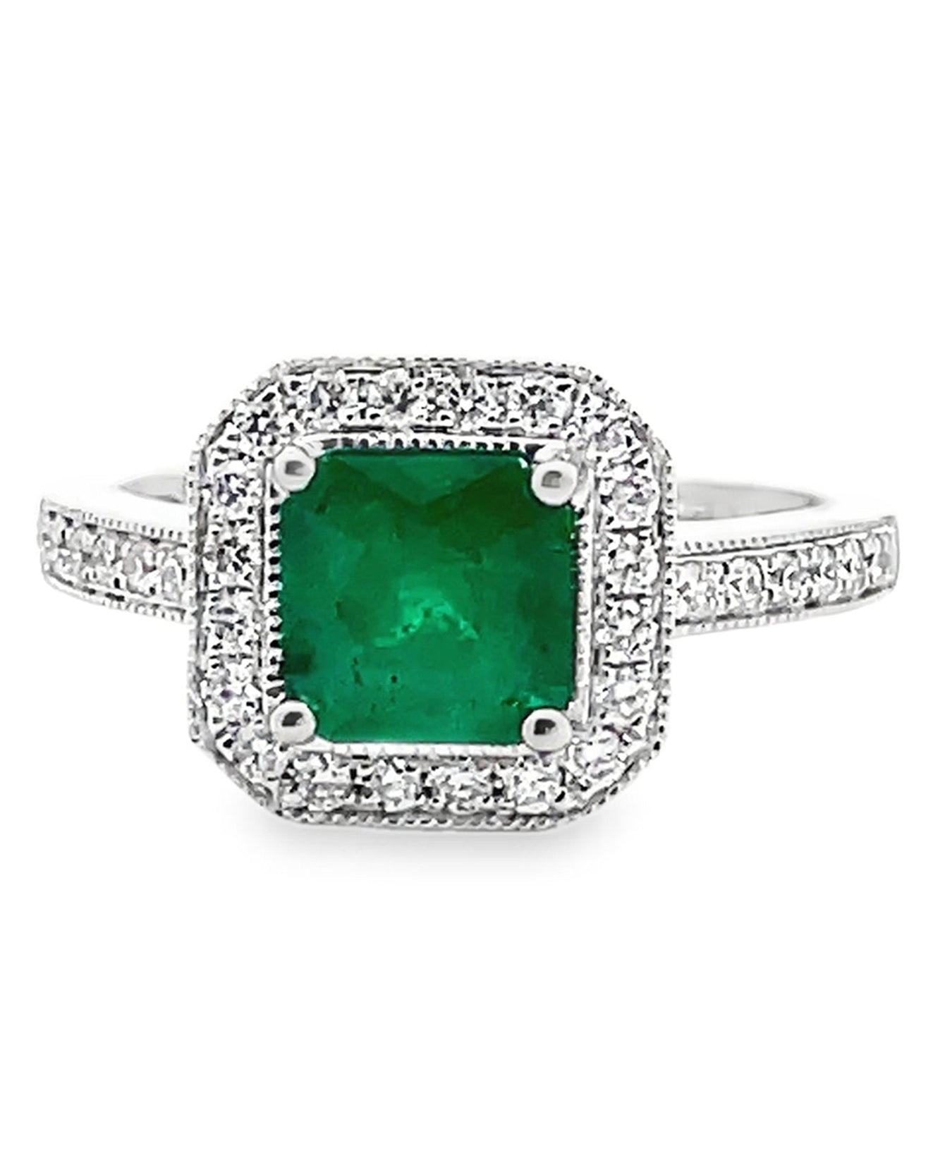 Halo Ring Set in 14K White Gold with 1.19 Carat Emerald and Round Diamonds