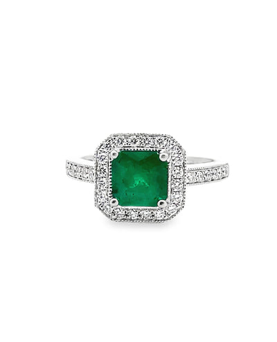 Halo Ring Set in 14K White Gold with 1.19 Carat Emerald and Round Diamonds
