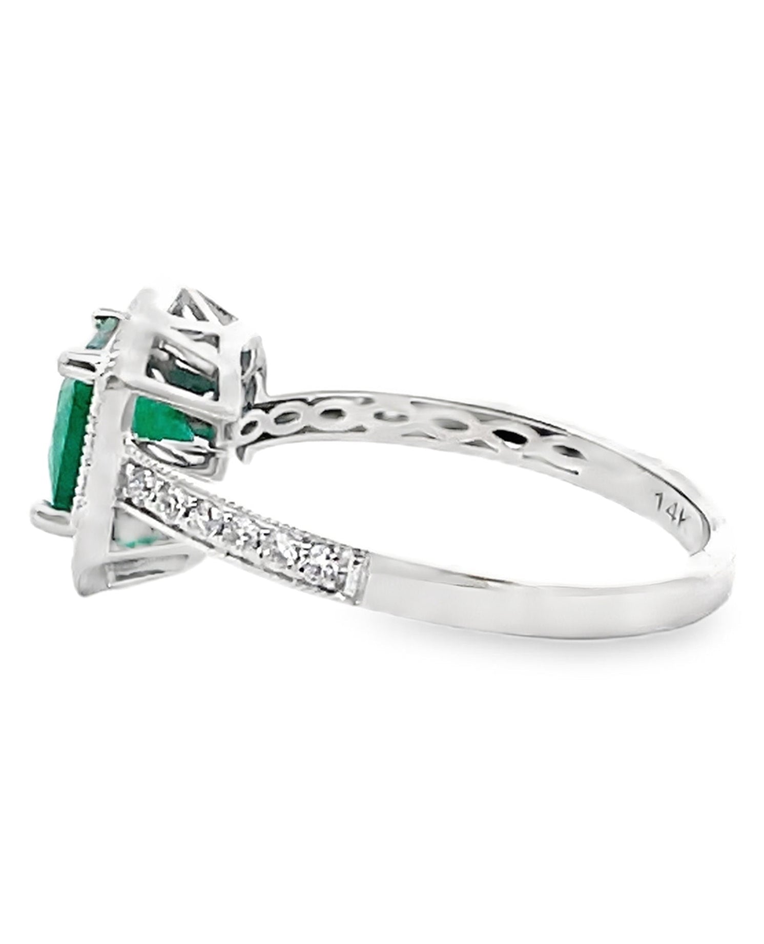 Halo Ring Set in 14K White Gold with 1.19 Carat Emerald and Round Diamonds