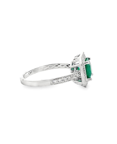 Halo Ring Set in 14K White Gold with 1.19 Carat Emerald and Round Diamonds