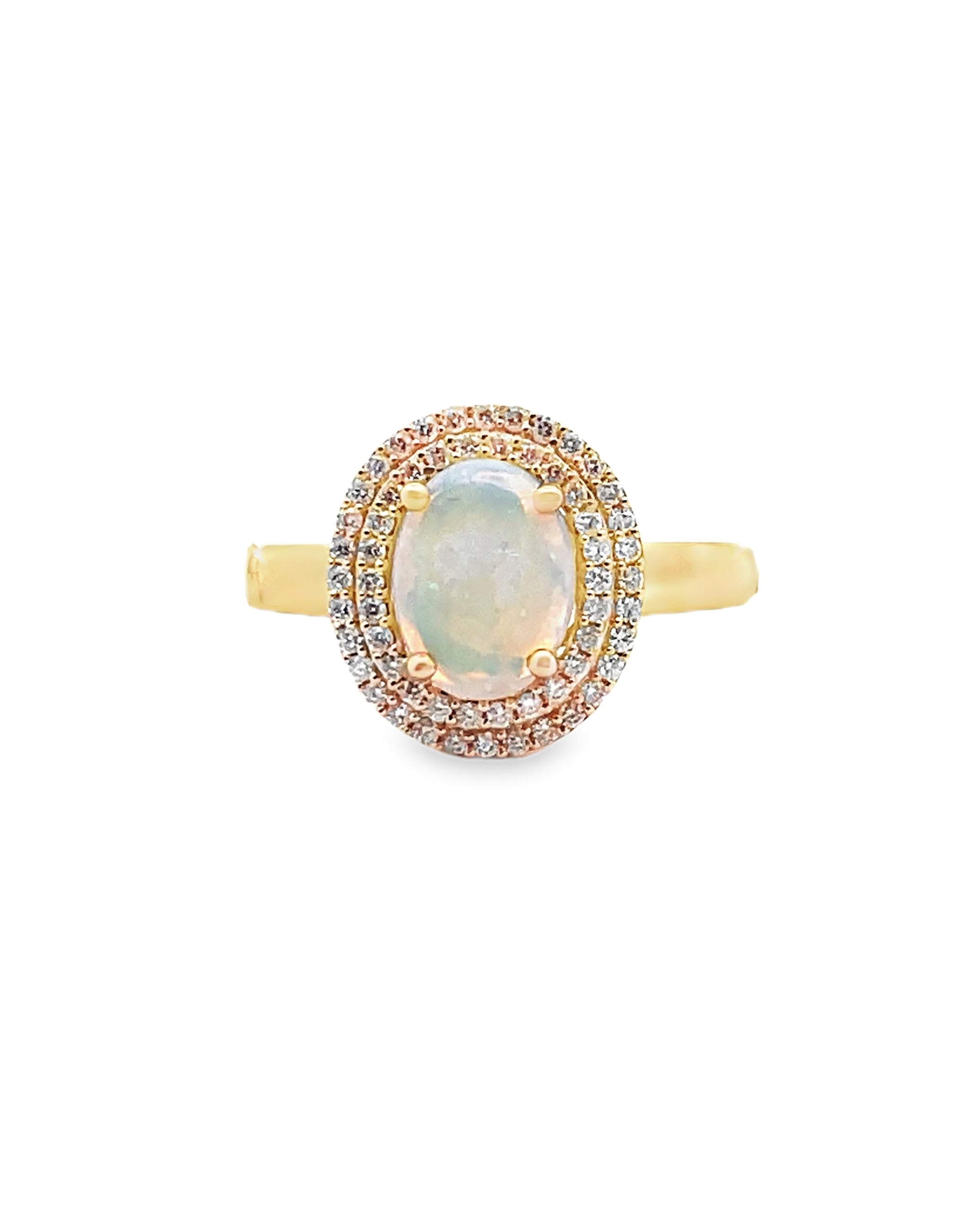 Oval Opal Ring in 14K Yellow Gold with Double Halo Diamond