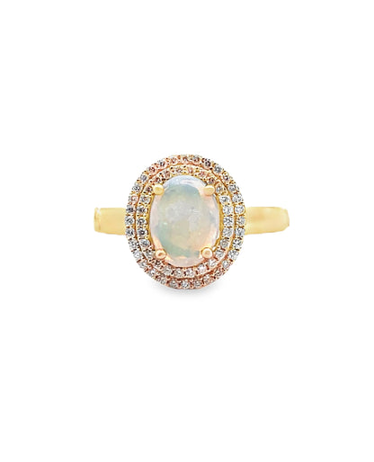 Oval Opal Ring in 14K Yellow Gold with Double Halo Diamond