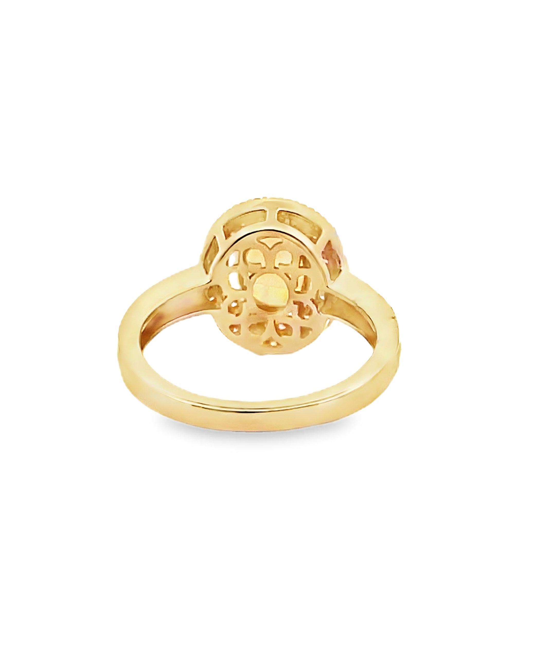 Oval Opal Ring in 14K Yellow Gold with Double Halo Diamond
