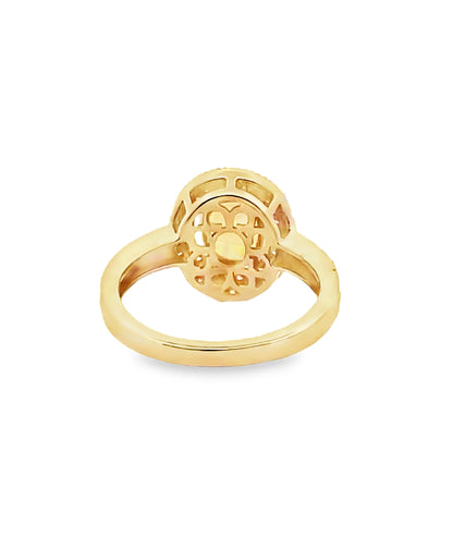 Oval Opal Ring in 14K Yellow Gold with Double Halo Diamond