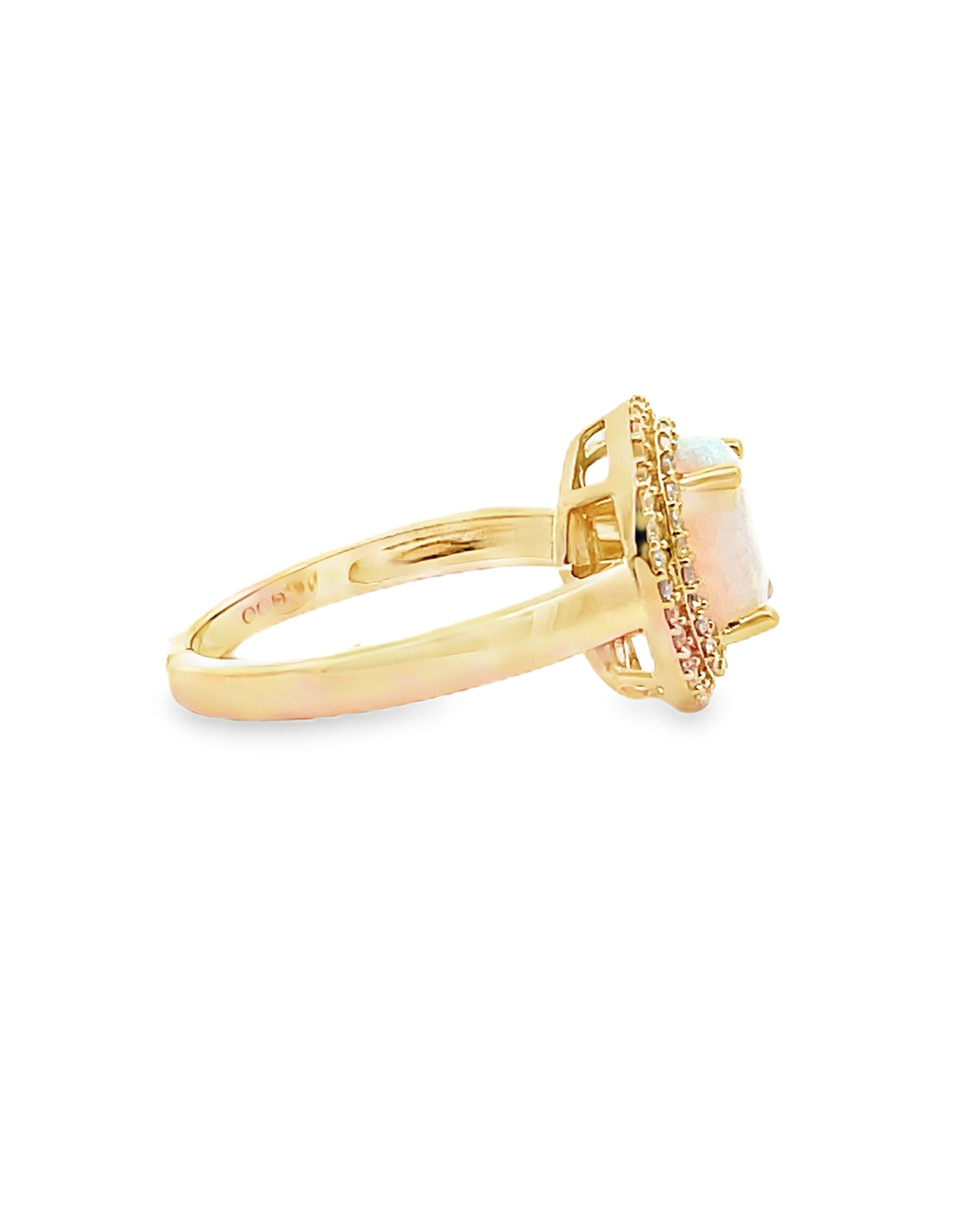 Oval Opal Ring in 14K Yellow Gold with Double Halo Diamond