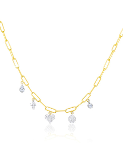 Meira T N14540/TY 14K Yellow Gold Mini Heart & Cross Charm Necklace with Diamonds