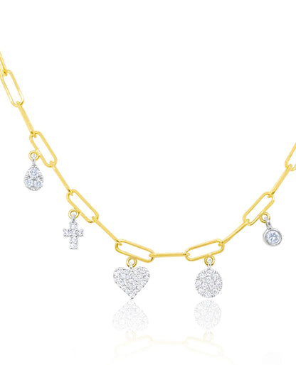 Meira T N14540/TY 14K Yellow Gold Mini Heart & Cross Charm Necklace with Diamonds