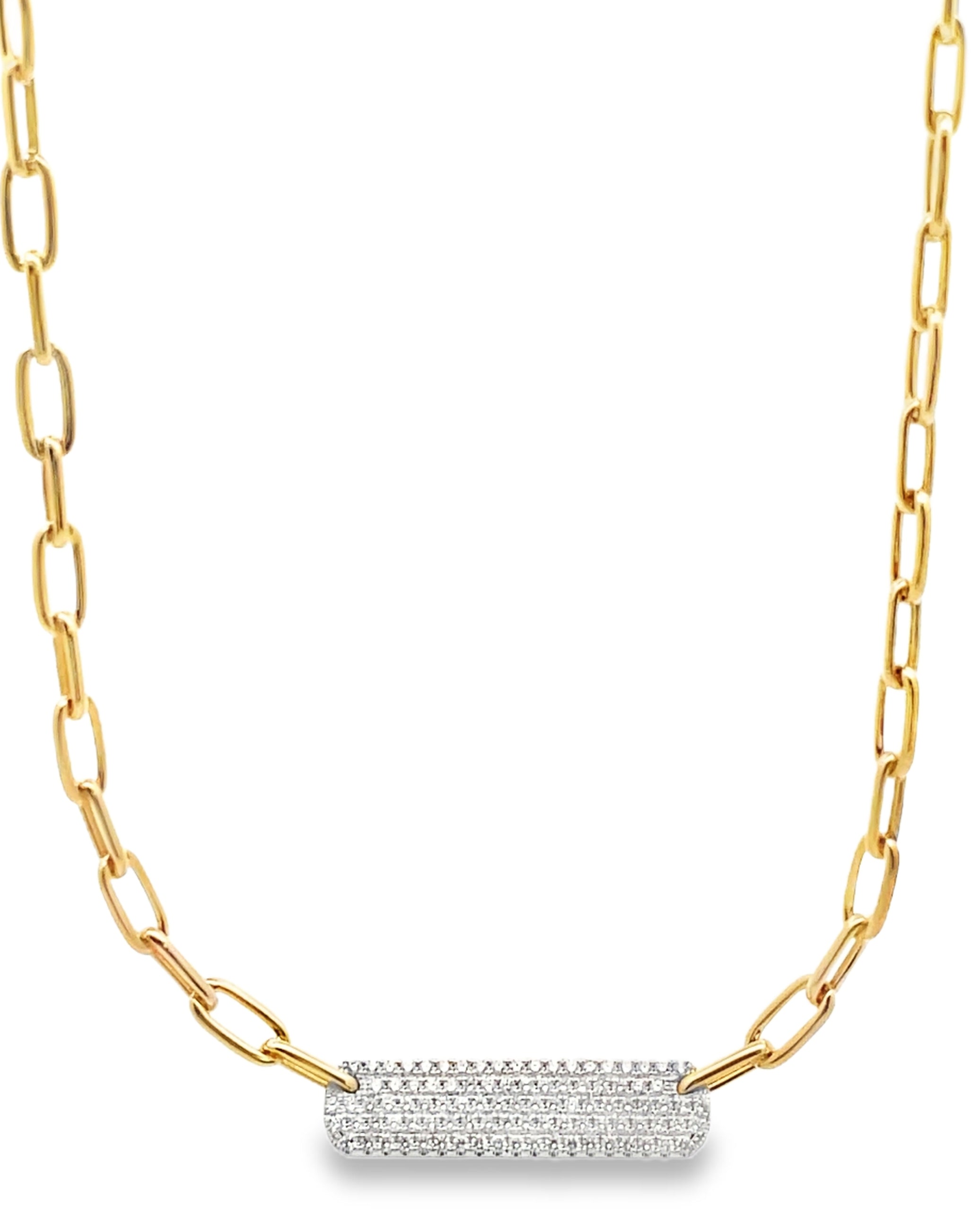 14K Yellow Gold Rounded Paperclip Chain & Diamond Bar Necklace