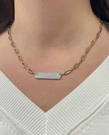 14K Yellow Gold Rounded Paperclip Chain & Diamond Bar Necklace