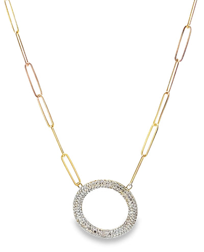 14K Yellow Gold Paperclip Chain & Round Diamond Pendant Necklace